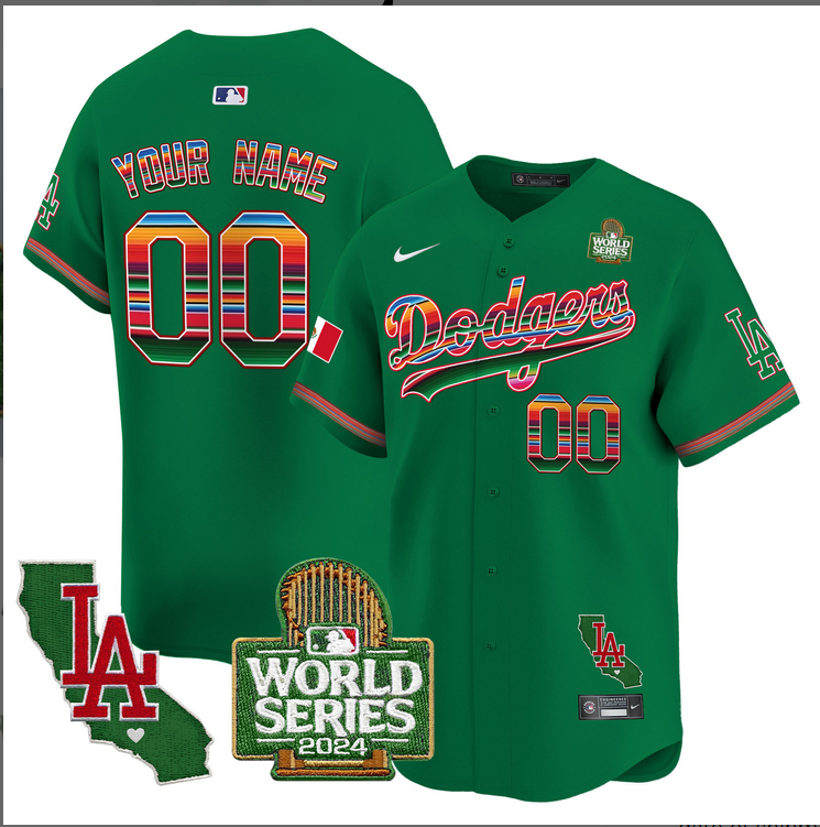 Men Custom MLB Mexico Los Angeles Dodgers green 2024 World Series Champions Patch Jersey 20241105->customized mlb jersey->Custom Jersey
